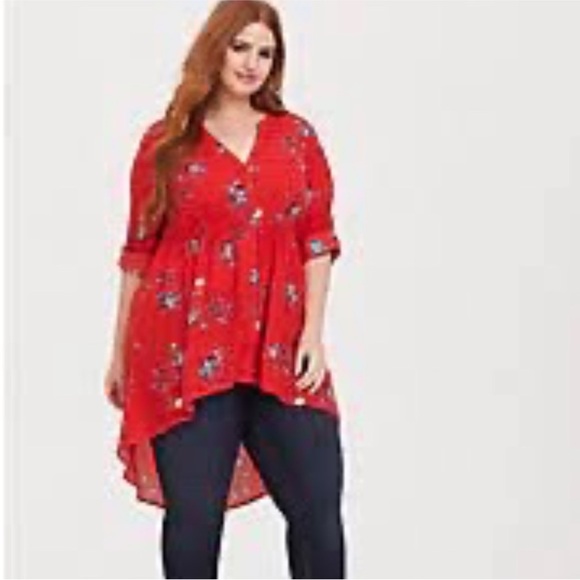 Torrid Lexi Red Floral High Low Georgette Tunic Size 6X Roll Tab Sleeves - Picture 2 of 15